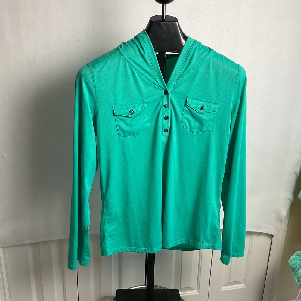 Marmot Laura Long Sleeve Hooded Button Up Shirt Teal Green Large